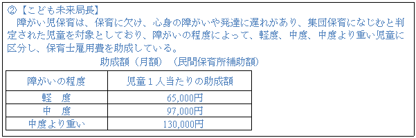 テキスト ボックス: A【こども未来局長】 障がい児保育は、保育に欠け、心身の障がいや発達に遅れがあり、集団保育になじむと判定された児童を対象としており、障がいの程度によって、軽度、中度、中度より重い児童に区分し、保育士雇用費を助成している。 助成額(月額)(民間保育所補助額) 障がいの程度 児童1人当たりの助成額 軽 度 65,000円 中 度 97,000円 中度より重い 130,000円
